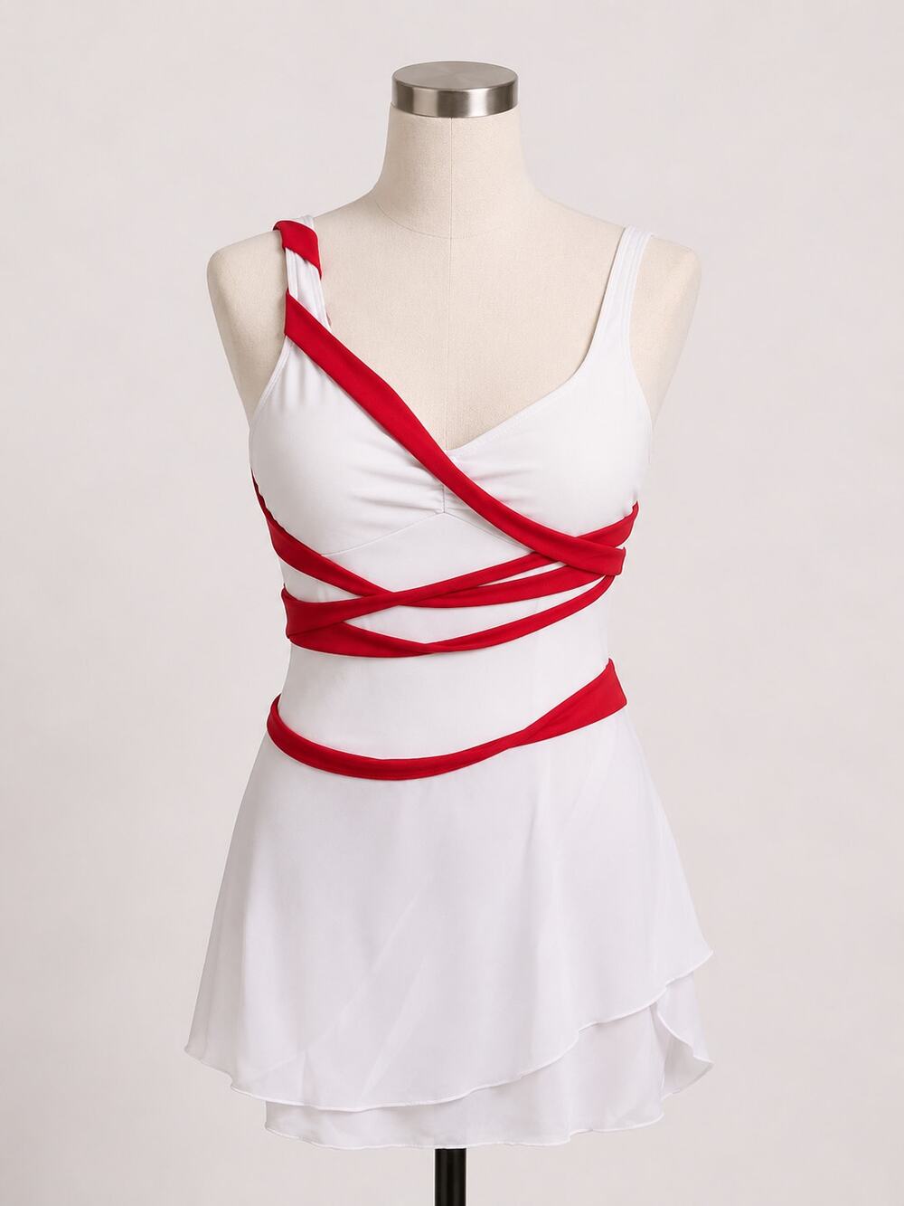 Red and White Leotard Striped Small Sheer Skirt